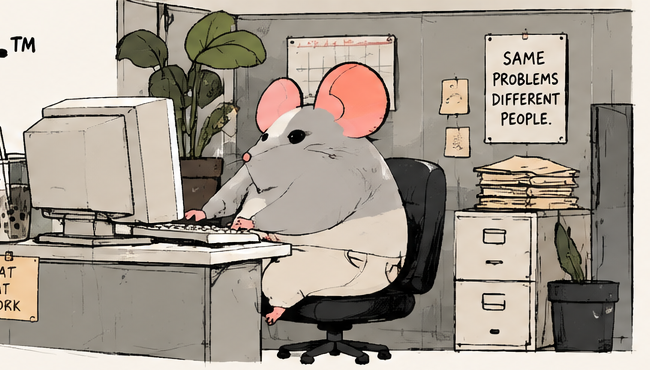 A sketchy office rat pretending to work at a desk